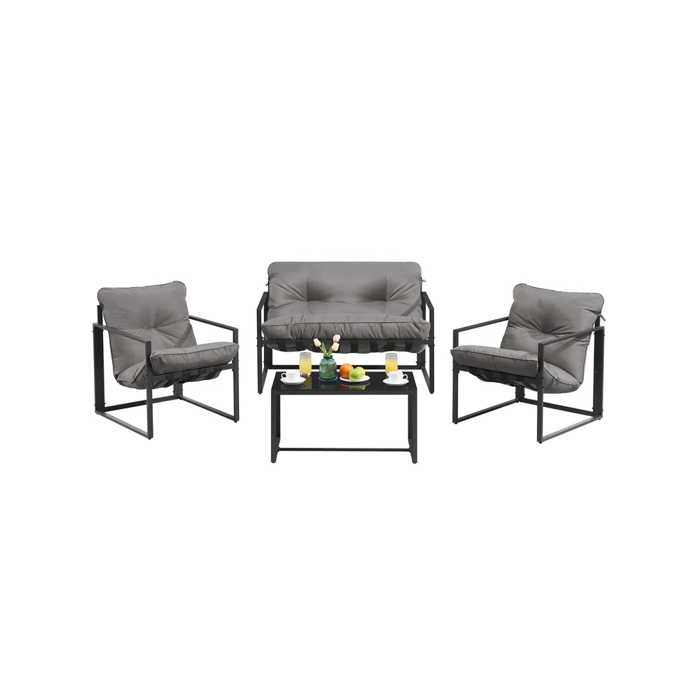 Salon de jardin confortable avec fauteuils table et banquette