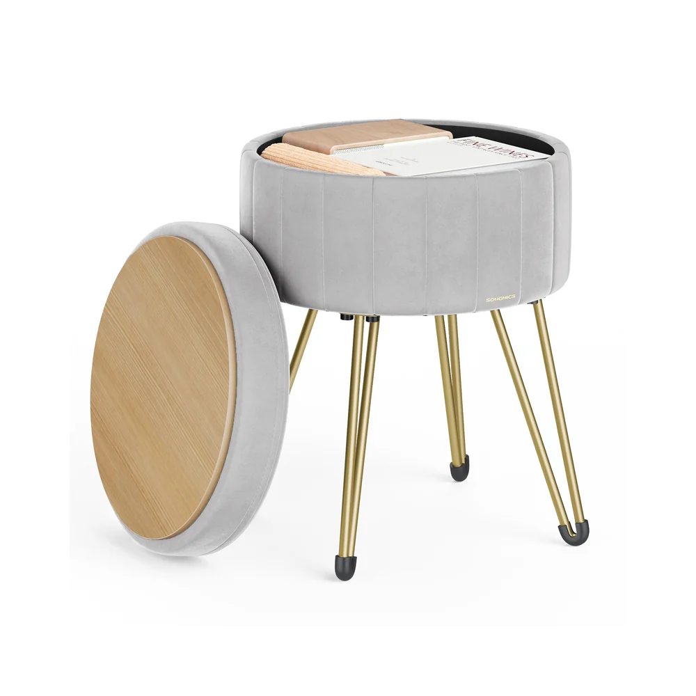 Tabouret rond en velours avec espace de rangement - Image 3