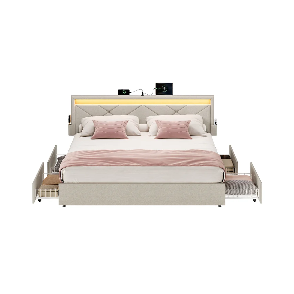 Lit double avec LED en métal et tiroirs pour chambre confortable - Image 4