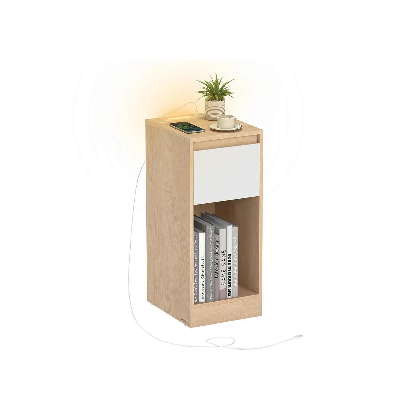 Table de chevet étroite avec LED ports USB tiroir - Image 2